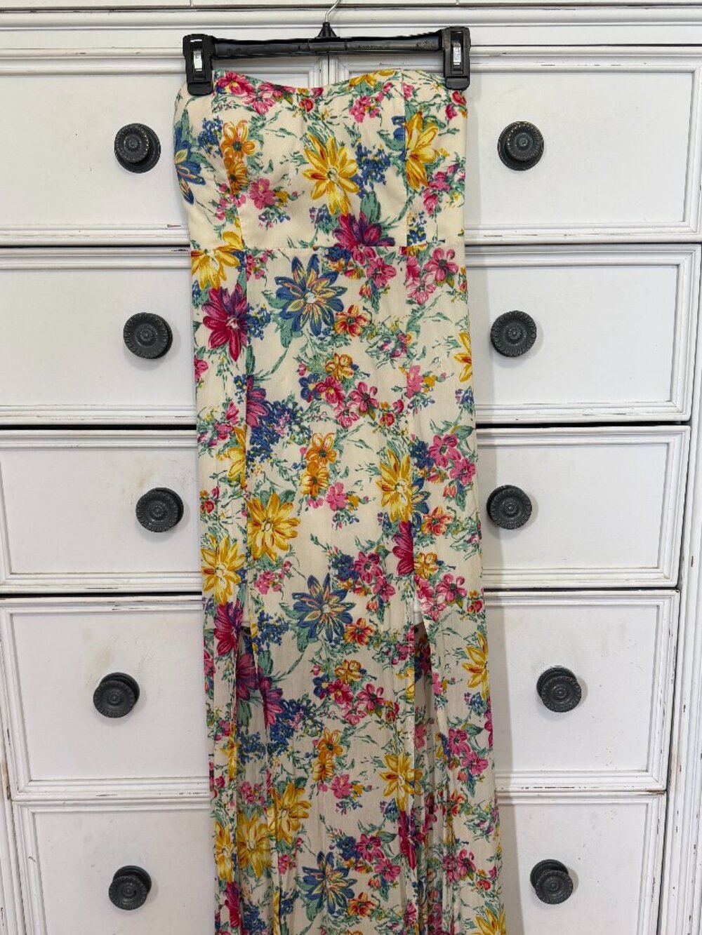 Reverse Strapless Floral Slit Dress Small
